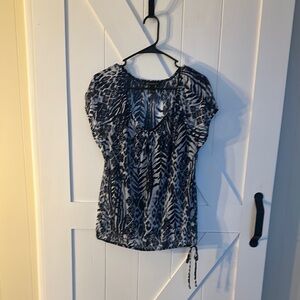 INC Women's Blue and White Patterned Top, Size L